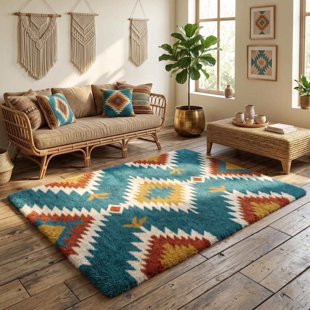 Rust Black Aztec Rug Southwestern Rug, Teal Rust Aztec Design, Hand-tufted Wool Carpet - Etsy