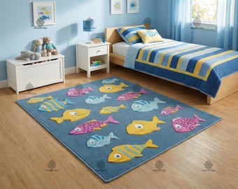 Fish Rug , Colorful Kids Playroom Carpet Hand-Tufted Wool