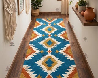 Southwestern Runner Rug, Teal Rust Aztec Design, Hand-Tufted Wool carpet