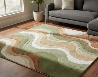 Wavy Abstract Wool Area Rug, Green & Terracotta, Hand Tufted