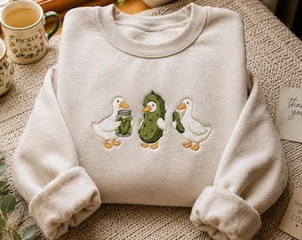 Embroidered Duck & Pickle Sweatshirt, Cute Cottagecore Crewneck, Funny Pickle Lover Gift, Cozy Unisex Sweater