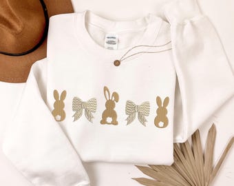 Embroidered Bunny Pattern Sweatshirt, Vintage Spring Rabbit Bow Design