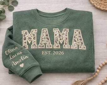 Custom Mama Embroidered Sweatshirt, Floral Patch Crewneck, Kids Names Sleeve Gift