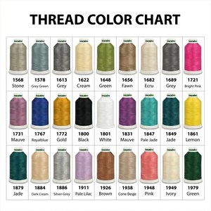 May include: A thread colour chart displaying a range of thread spools in diverse shades. The chart features colours like grey, green, and pink, each with a unique code and name. The text "THREAD COLOUR CHART" is at the top.