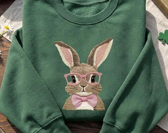 Retro Faux Embroidery Rabbit Sweatshirt with Glasses, Vintage Spring Sublimation Design