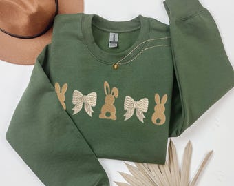 Embroidered Bunny Pattern Sweatshirt, Vintage Spring Rabbit Bow Design, Besticktes Oster Sweatshirt
