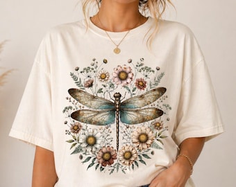 Dragonfly Shirt Comfort Colors, Vintage Floral Tee, Cottagecore Botanical T-Shirt, Nature Lover Gift for Women