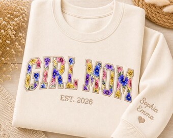 Girl Mom Floral Patchwork Sweatshirt Personalized Name Sleeve Embroidered Crewneck Est Year