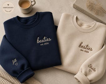 Personalized Embroidered Sweatshirt, Custom Text Crewneck, Friend Gift, Name on Sleeve, Matching Besties Hoodie