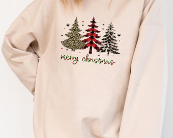Christmas Tree Sweatshirt, Leopard Buffalo Plaid, Winter Holiday Pullover