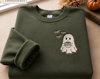 Embroidered Coffee Ghost Sweatshirt, Halloween Ghost Crewneck, Cute Spooky Fall Sweater, Coffee Lover Gift, Embroidered Halloween Hoodie
