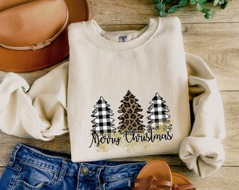 Buffalo Plaid Leopard Christmas Tree Sweatshirt, Gildan Holiday Pullover
