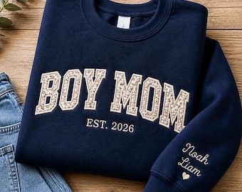 Boy Mom Embroidered Sweatshirt, Floral Patch Crewneck, Custom Sleeve Name Gift