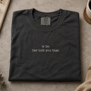 May include: A charcoal gray short-sleeve t-shirt featuring white embroidered text that reads "is lie. liar told you that." The shirt has a crew neckline and a Comfort Colors brand label printed on the inside of the collar area.