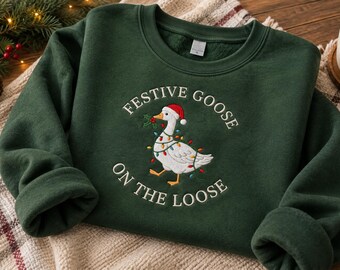 Embroidered Christmas Goose Sweatshirt, Festive Holiday Pullover, Cozy Winter Sweater