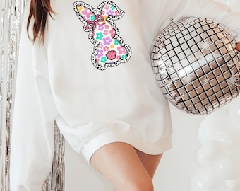 Easter Bunny Graphic Sweatshirt, Floral Rabbit Crewneck, Spring Pastel Top