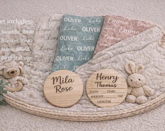 Personalized Name Swaddle Set, Custom Blanket, Birth Stat Sign, Newborn Announcement, Shower Gift
