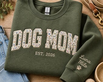 Dog Mom Floral Patchwork Sweatshirt Personalized Name Sleeve Embroidered Crewneck Est Year