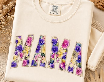 Floral Applique Mama Sweatshirt, Custom Embroidered Style Crewneck, Personalized Gift for Mother, New Mom Clothing
