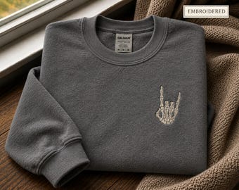 Embroidered Skeleton Hand Sweatshirt or Hoodie, Personalized Bone Hand Crewneck, Custom Thread Color, Gothic Clothing