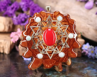 Pinecone Pendant with Red Coral and Gold 64 Star Tetrahedron Multi-Stone (Large) by Third Eye Pinecone