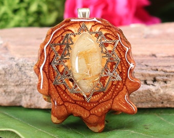 Pinecone Pendant with Glowing Rutilated Quartz and Gold 64 Star Tetrahedron (Small) by Third Eye Pinecone