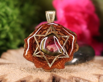 Pinecone Pendant with Tourmaline (Watermelon) and Gold Merkaba with Back Om (Mini) by Third Eye Pinecone