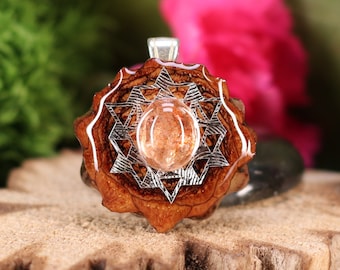 Pinecone Pendant with Sunstone (Red) and Silver Sri Yantra (Mini) by Third Eye Pinecone