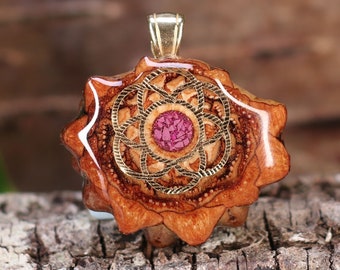 Glowing Crushed Sugilite with Gold Seed of Life (Mini) Third Eye Pinecone Pendant