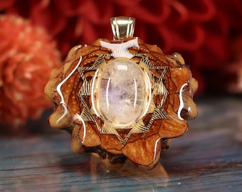 Pinecone Pendant with Moonstone and Gold 64 Star Tetrahedron (Mini) by Third Eye Pinecones