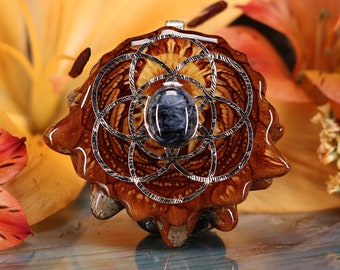 Pinecone Pendant with Blue Pietersite and Silver Seed of Life (Large) by Third Eye Pinecone