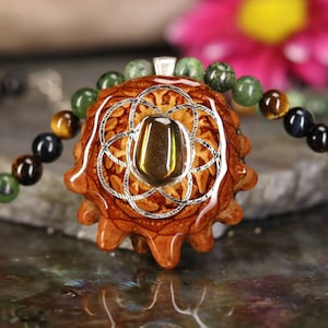 Ammolite with Silver Seed of Life and Back Om Beaded Choker by Third Eye Pinecones Pendant (Small)