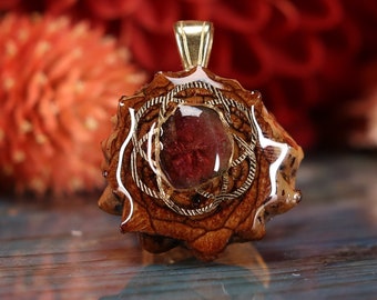 Pinecone Pendant with Watermelon Tourmaline and Gold Seed of Life (Mini) by Third Eye Pinecones