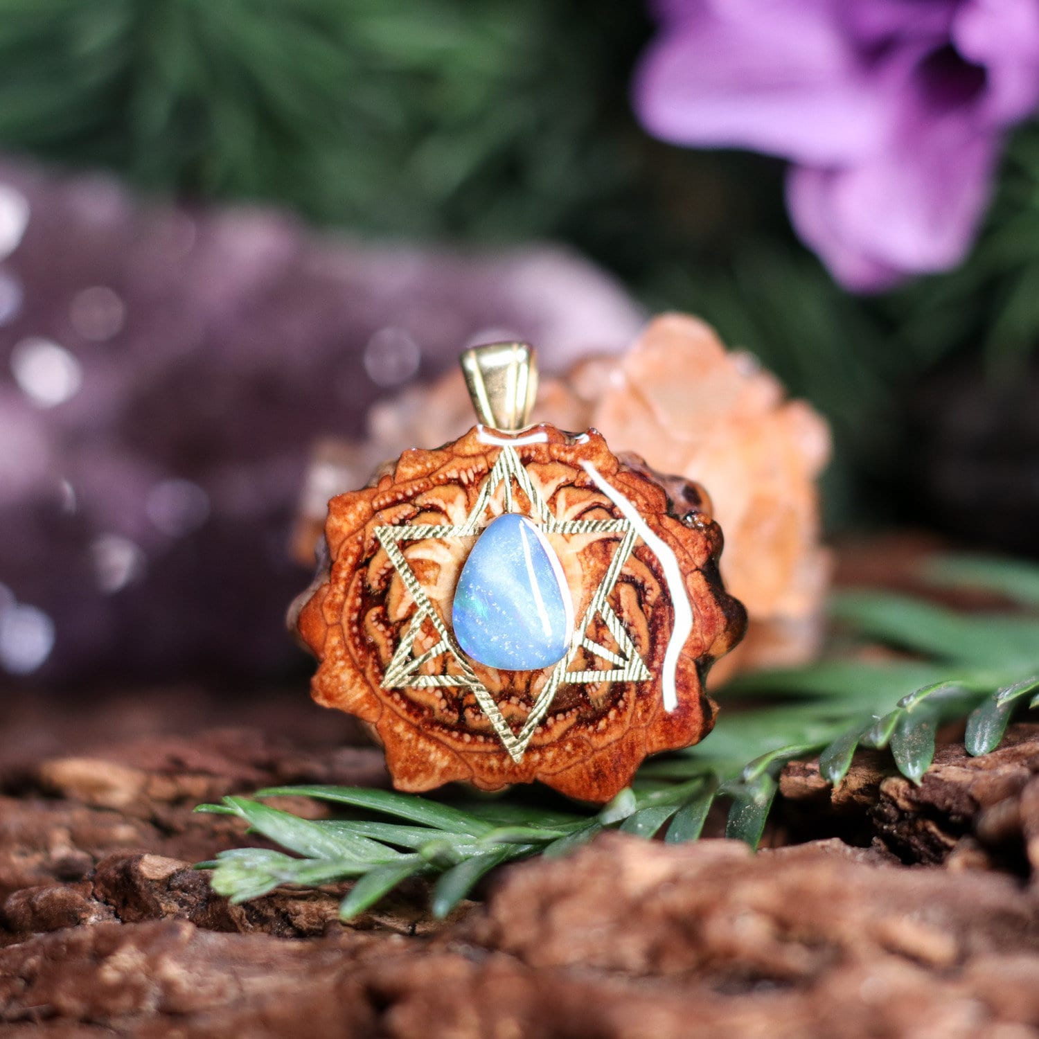 Pinecone Pendant with Opal (Australian Blue) and Gold Merkaba (Mini) by Third Eye Pinecone