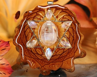 Pinecone Pendant with Moonstone and Gold Merkaba with Back Om Multi-Stone (Large) by Third Eye Pinecone