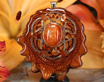 Red Sunstone Pinecone Pendant with Gold Seed of Life and Back Om Multi-Stone (Large) by Third Eye Pinecones