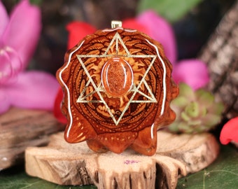 Pinecone Pendant with Sunstone (Red) and Gold Merkaba (Large) by Third Eye Pinecone