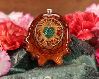 Glowing Crushed Malachite with Gold Cube of Metatron (Medium) Third Eye Pinecone Pendant