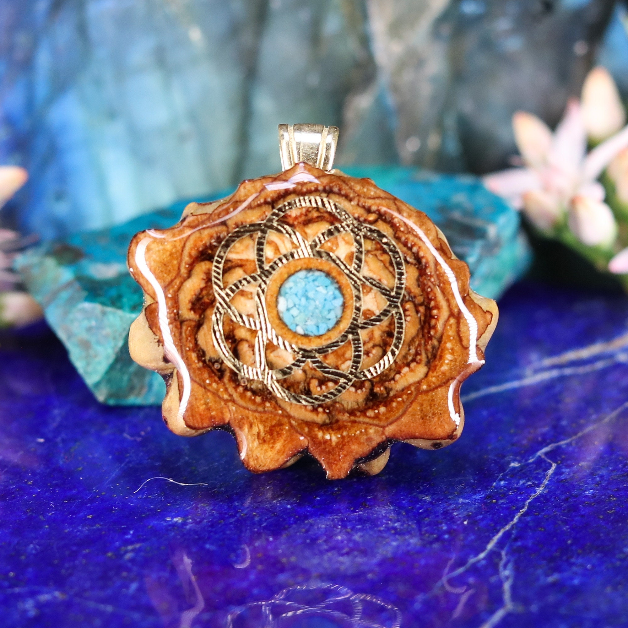 Pinecone Pendant With Crushed Turquoise (glows) and Gold Seed of