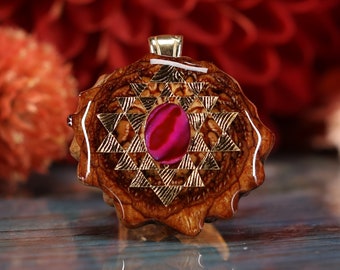 Pinecone Pendant with Paua Shell (Pink) and Gold Sri Yantra (Mini) by Third Eye Pinecones