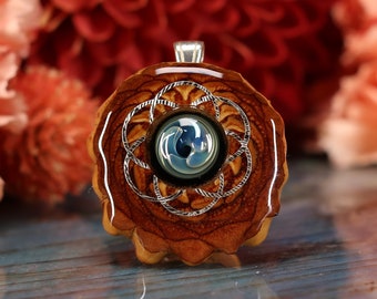 Pinecone Pendant with Glass (Blue Fume Implosion) and Silver Seed of Life with Back Om (Mini) by Third Eye Pinecones