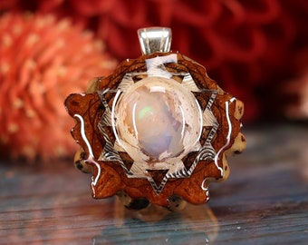 Pinecone Pendant with Opal (Mexican Fire) and Silver Sri Yantra (Mini) by Third Eye Pinecones