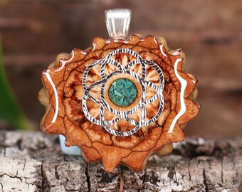 Pinecone Pendant with Crushed Malachite (Glows) and Silver Seed of Life (Mini) by Third Eye Pinecone