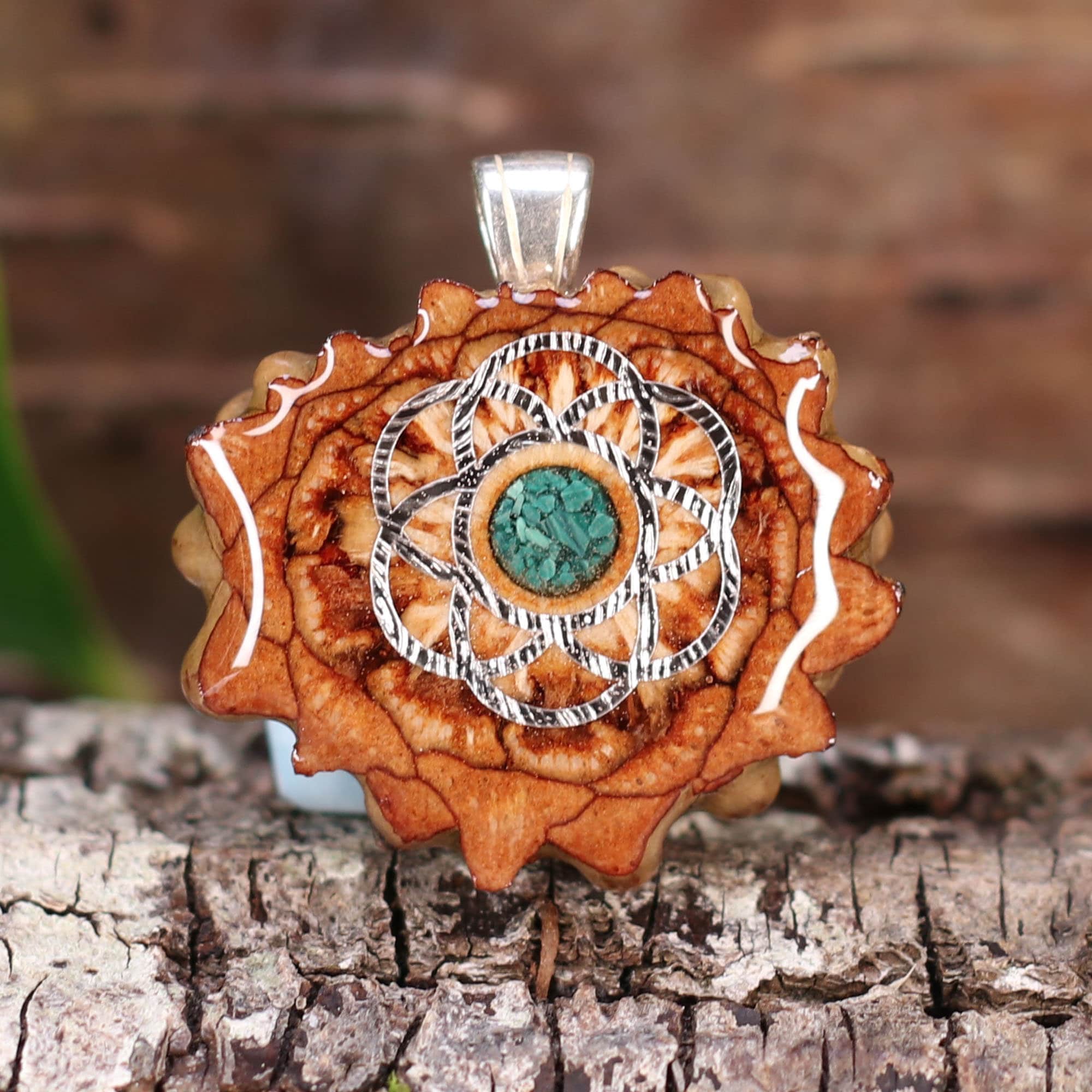 Pinecone Pendant With Crushed Malachite (glows) and Silver Seed of