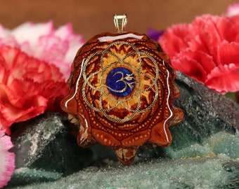 Pinecone Pendant with Glowing Crushed Lapis and Gold Seed of Life with Front Om (Medium) by Third Eye Pinecones