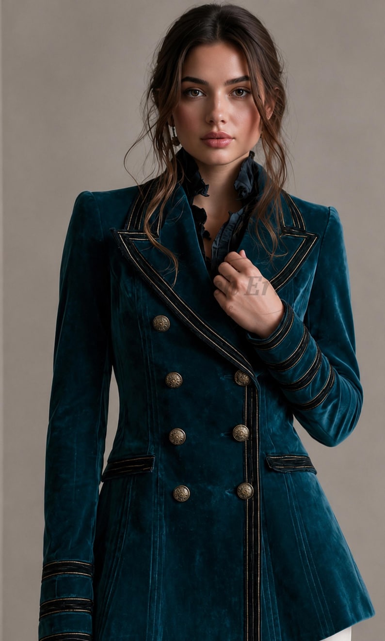 Puede incluir: Un blazer cruzado de terciopelo color verde azulado con ribetes de terciopelo negro en las solapas, pu&ntilde;os y bolsillos. La chaqueta est&aacute; adornada con botones dorados texturizados dispuestos en dos filas verticales y un cuello con volantes.