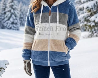 Damen Colorblock Kapuzenjacke in Übergröße, gemütliche Winter-Casual-Oberbekleidung, trendige Streetwear-Hoodie-Jacke
