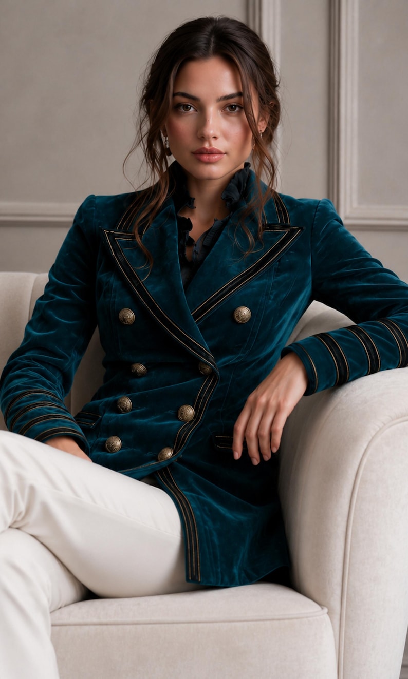Puede incluir: Un blazer cruzado de terciopelo color verde azulado con ribetes negros y dorados en las solapas y pu&ntilde;os, junto con seis botones met&aacute;licos redondos. La chaqueta tiene un cuello estructurado y mangas largas, sobre una camisa oscura con volantes.