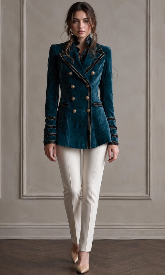 Women's Teal Velvet  Jacket | Double Breasted Blazer | Victorian Style Coat | Luxury Winter Blazer