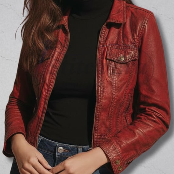 Handcrafted Women’s Vintage Red Distressed Leather Biker Jacket – Retro Streetwear Motorcycle Outerwear